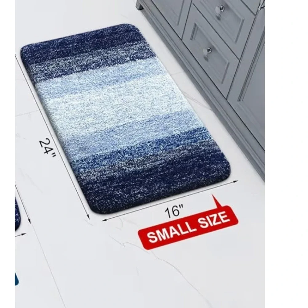Plush Shaggy Bath Mat Rug Navy Blue Ombre Stripe Soft Absorbent‎ Non Slip